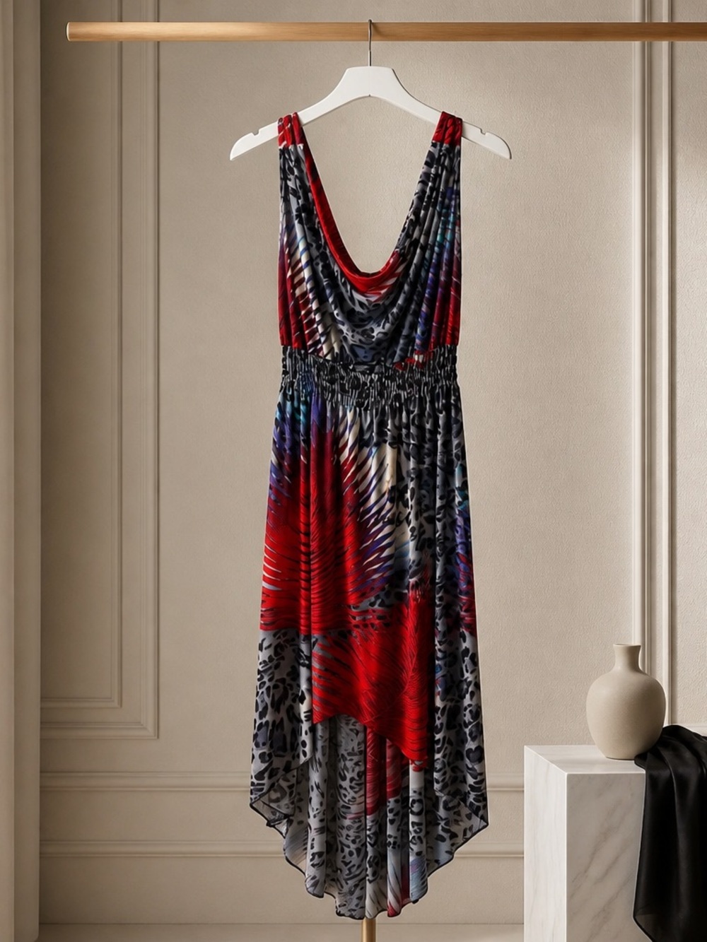 Sleek Draped Red & Multicolor Print High-Low Dress